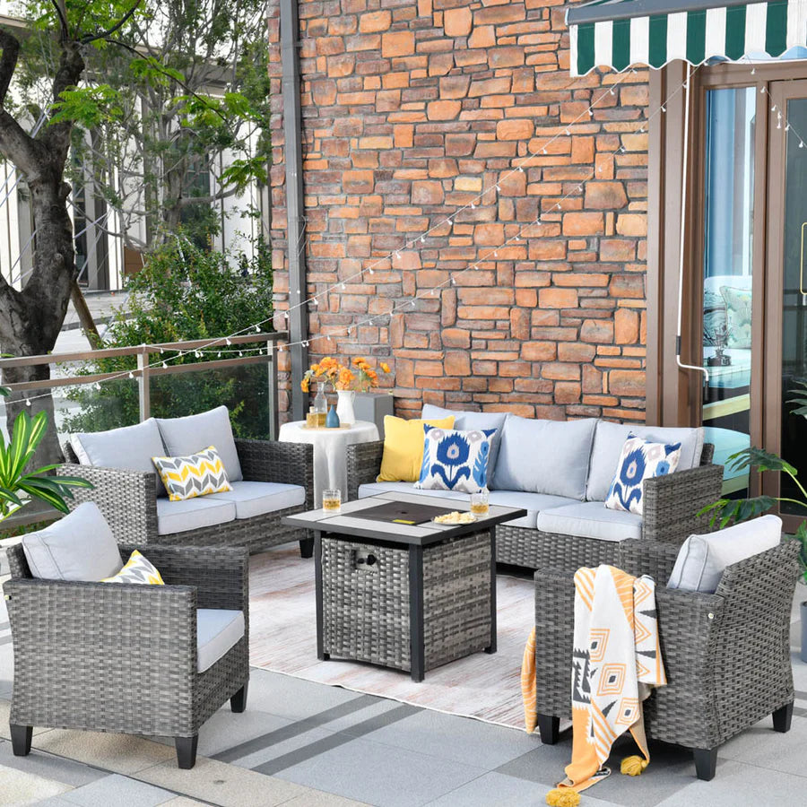 Patio Vultros Furniture Set 7-Person Seating with 30'' Propane Fire Pit Table