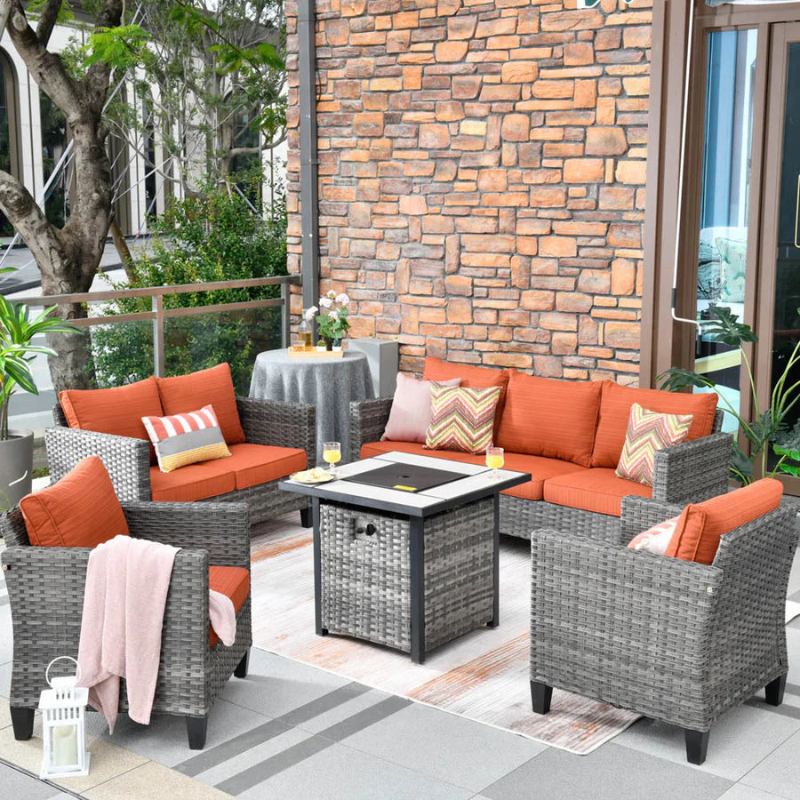 Patio Vultros Furniture Set 7-Person Seating with 30'' Propane Fire Pit Table