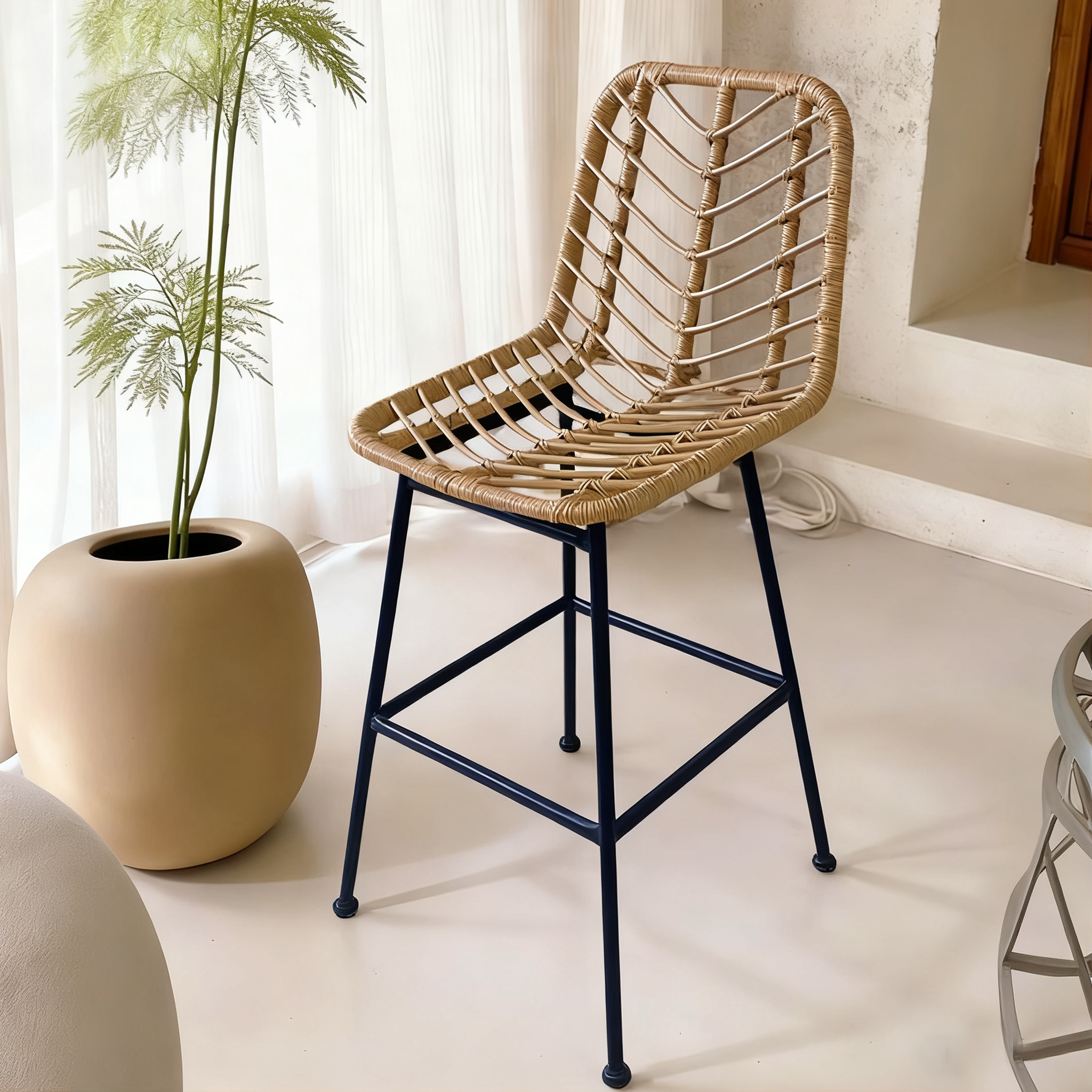 Outdoor bar counter chair, open-air leisure rattan high-leg stool, iron art bar chair, household restaurant patio waterproof dining chair
