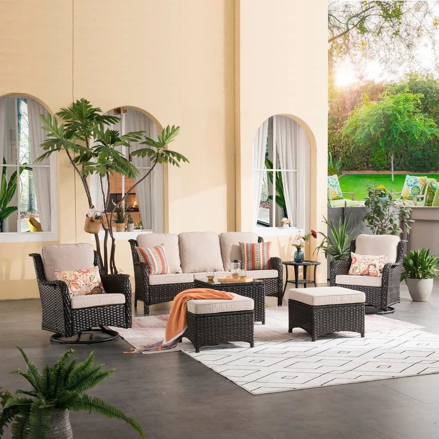 Patio Conversation Set 7-Piece with Swivel Chairs and Table Kenard