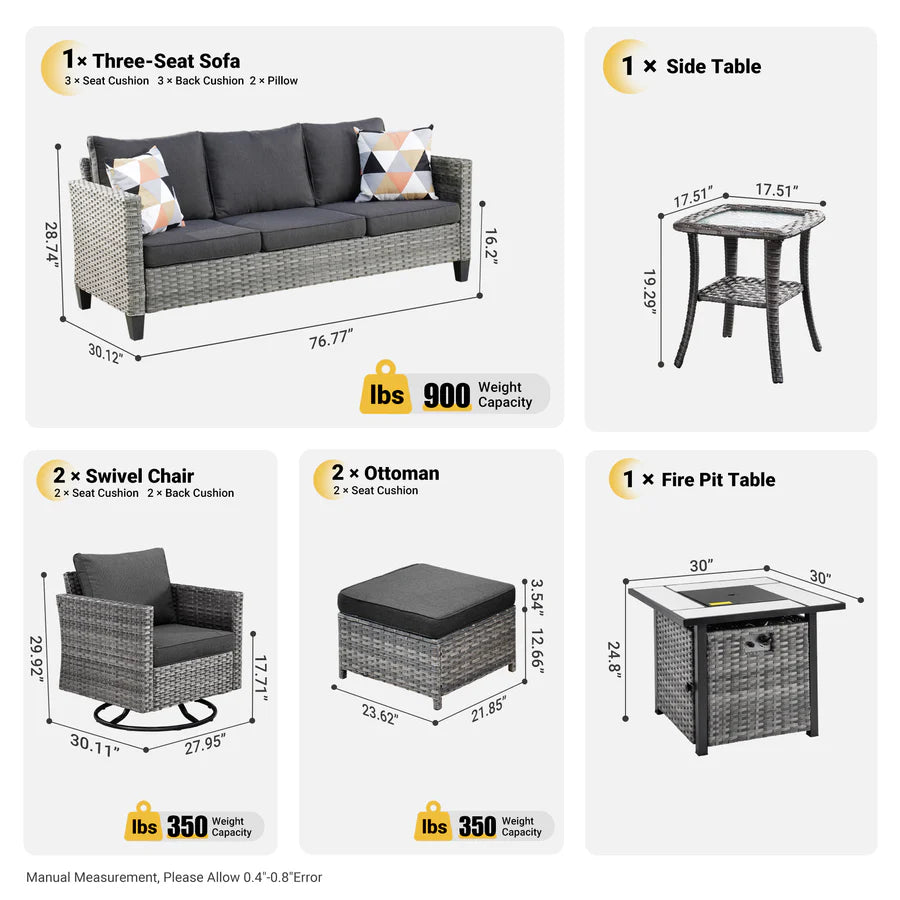 Patio Vultros 7-Piece Set With Swivel Chair and Rectangle 42'' Propane Fire Pit Table