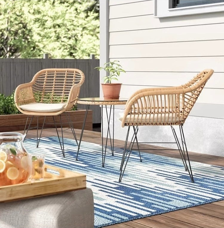 Outdoor balcony three piece set, household iron rattan leisure chair, solid wood table, courtyard simple handmade