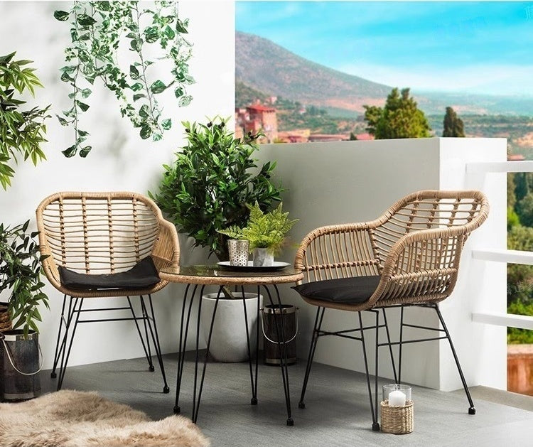 Outdoor balcony three piece set, household iron rattan leisure chair, solid wood table, courtyard simple handmade