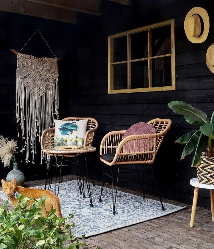 Outdoor balcony three piece set, household iron rattan leisure chair, solid wood table, courtyard simple handmade