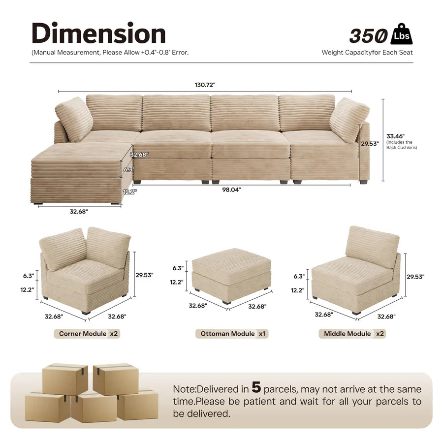 130.7" Modular Sectional Sofa Couch, L-Shaped Minimalist Couches, Modern Deep Seat Cloud Plush Corduroy Sofas Set