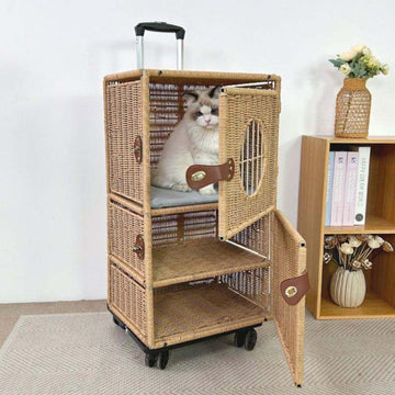 Rattan Plaited Travel Knit Hard Cat Carrier Luggage with Mat and Telescopic Handle Cat Carrier Suitcase with Wheels for Pet