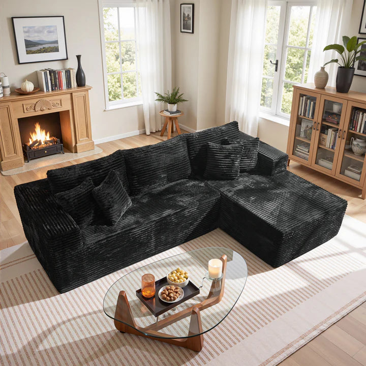 104" L-Shape Modular Couch with Chaise, Plush Corduroy Fabric, No Assembly Required