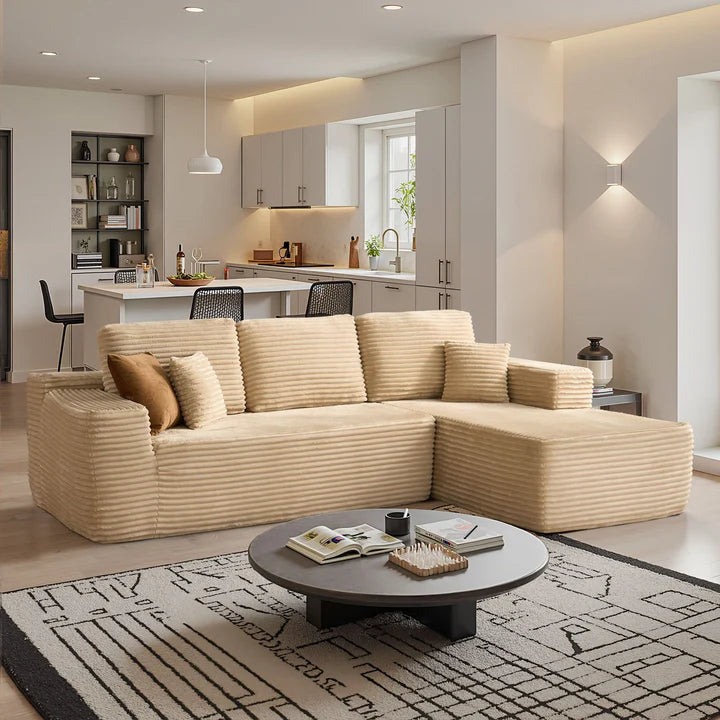 104" L-Shape Modular Couch with Chaise, Plush Corduroy Fabric, No Assembly Required