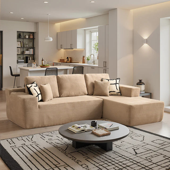 104" L-Shape Modular Couch with Chaise, Plush Corduroy Fabric, No Assembly Required