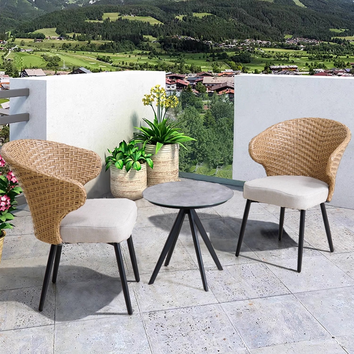 Outdoor Furniture Set for Courtyard Villas: Rattan Chairs with Soft Cushions for Relaxing on Open-Air Balconies Trendy Waterproof and UV-Resistant Outdoor Table and Chair Combination