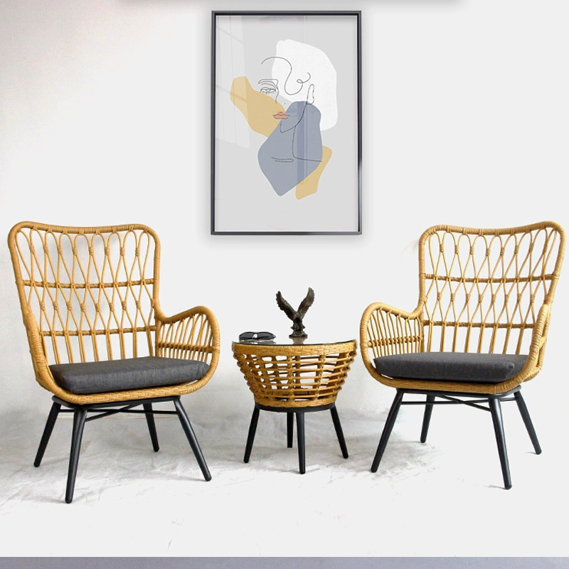 Outdoor Balcony Table and Chair Set Three-Piece Garden Lounge Set Recliner Chair with Small Backrest Nordic-Style Handcrafted Rattan Chair