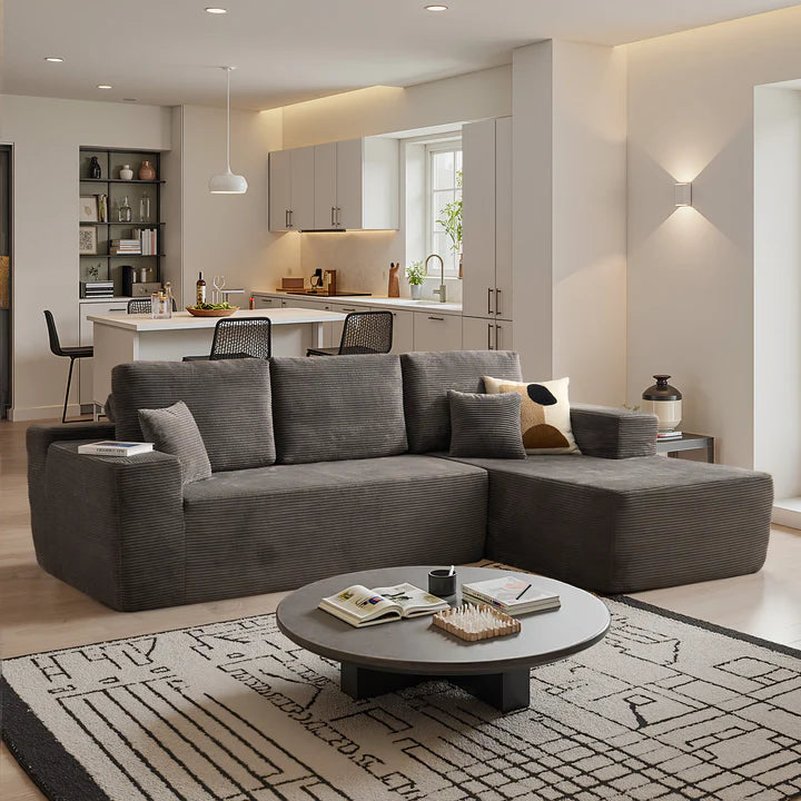 104" L-Shape Modular Couch with Chaise, Plush Corduroy Fabric, No Assembly Required