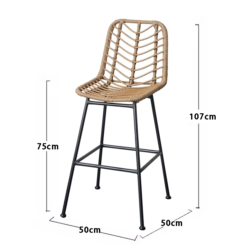 Outdoor bar counter chair, open-air leisure rattan high-leg stool, iron art bar chair, household restaurant patio waterproof dining chair