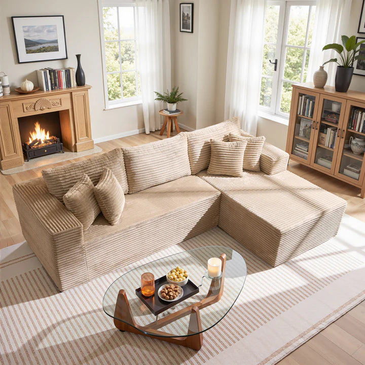 104" L-Shape Modular Couch with Chaise, Plush Corduroy Fabric, No Assembly Required