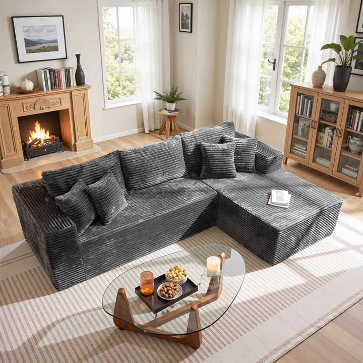 104" L-Shape Modular Couch with Chaise, Plush Corduroy Fabric, No Assembly Required
