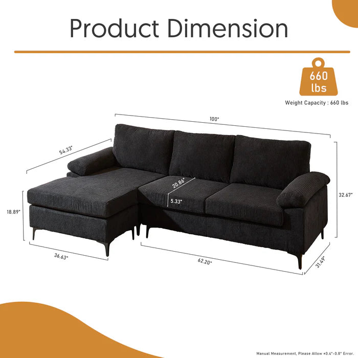 100.40" Reversible Chaise Sofa Wide-Wale Corduroy