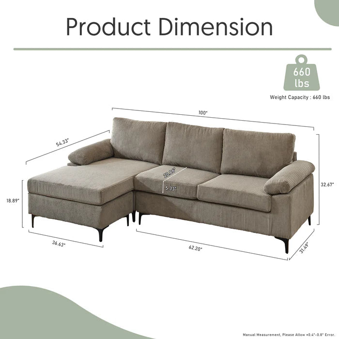100.40" Reversible Chaise Sofa Wide-Wale Corduroy