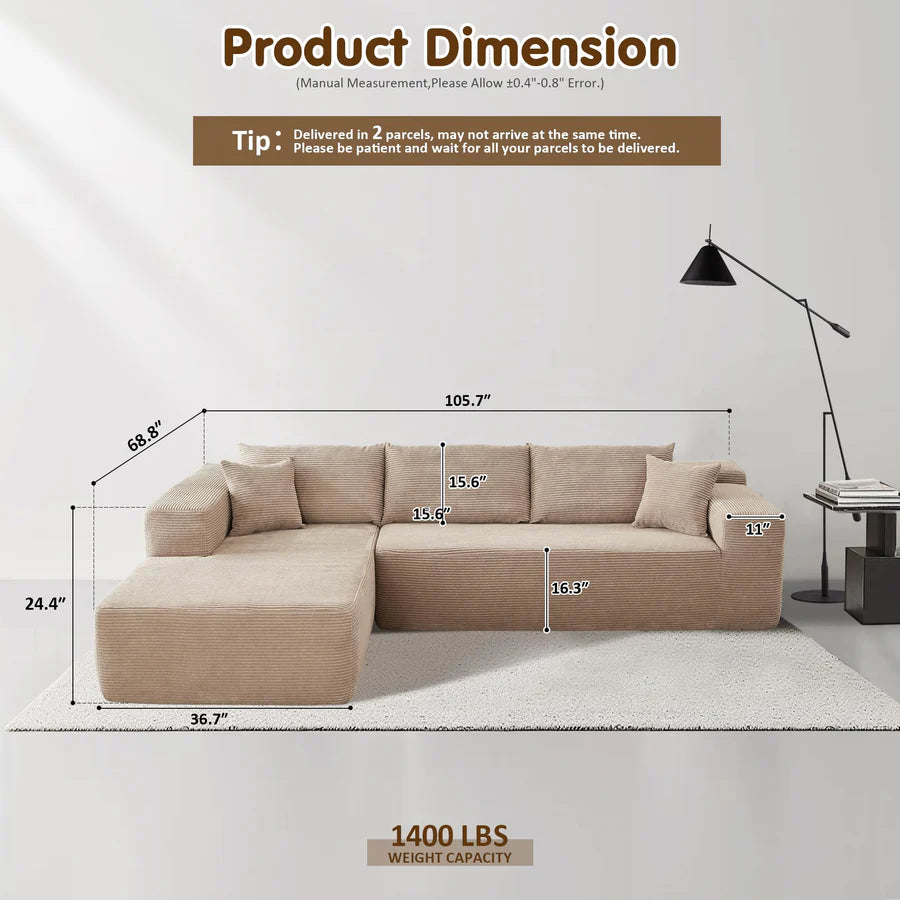 104" L-Shape Modular Couch with Chaise, Plush Corduroy Fabric, No Assembly Required