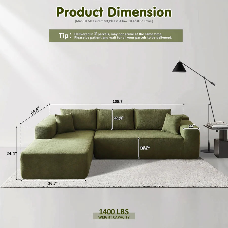 104" L-Shape Modular Couch with Chaise, Plush Corduroy Fabric, No Assembly Required