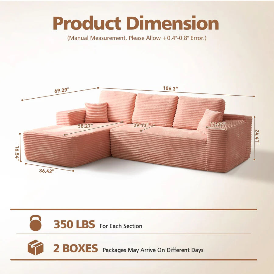 104" L-Shape Modular Couch with Chaise, Plush Corduroy Fabric, No Assembly Required
