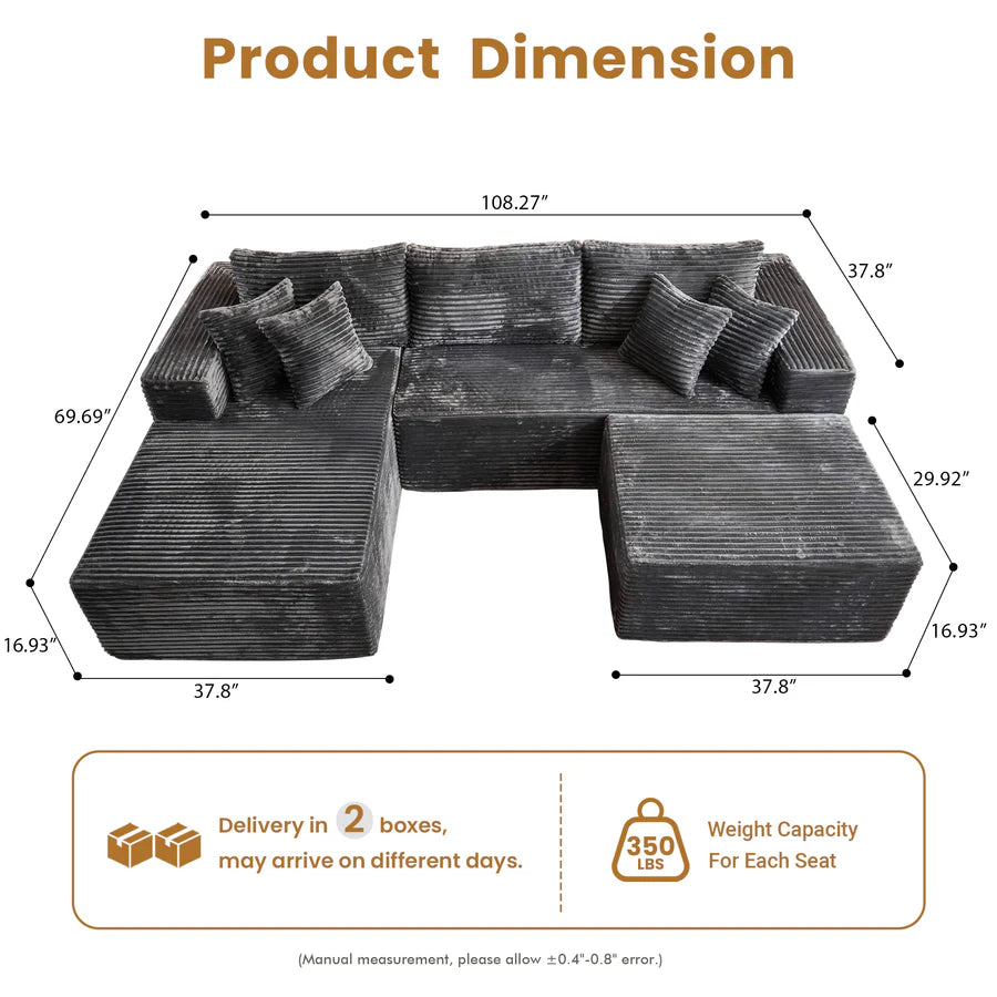108" U-Shape Modular Couch with Ottoman, Plush Corduroy Fabric, No Assembly Required