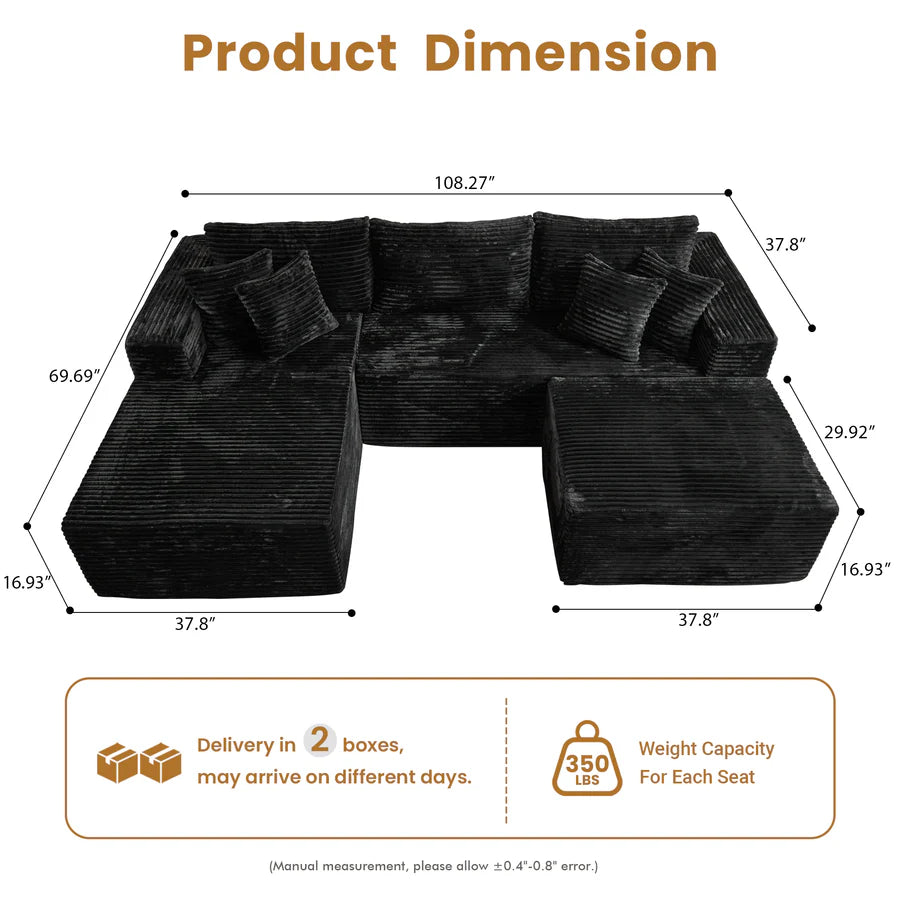108" U-Shape Modular Couch with Ottoman, Plush Corduroy Fabric, No Assembly Required
