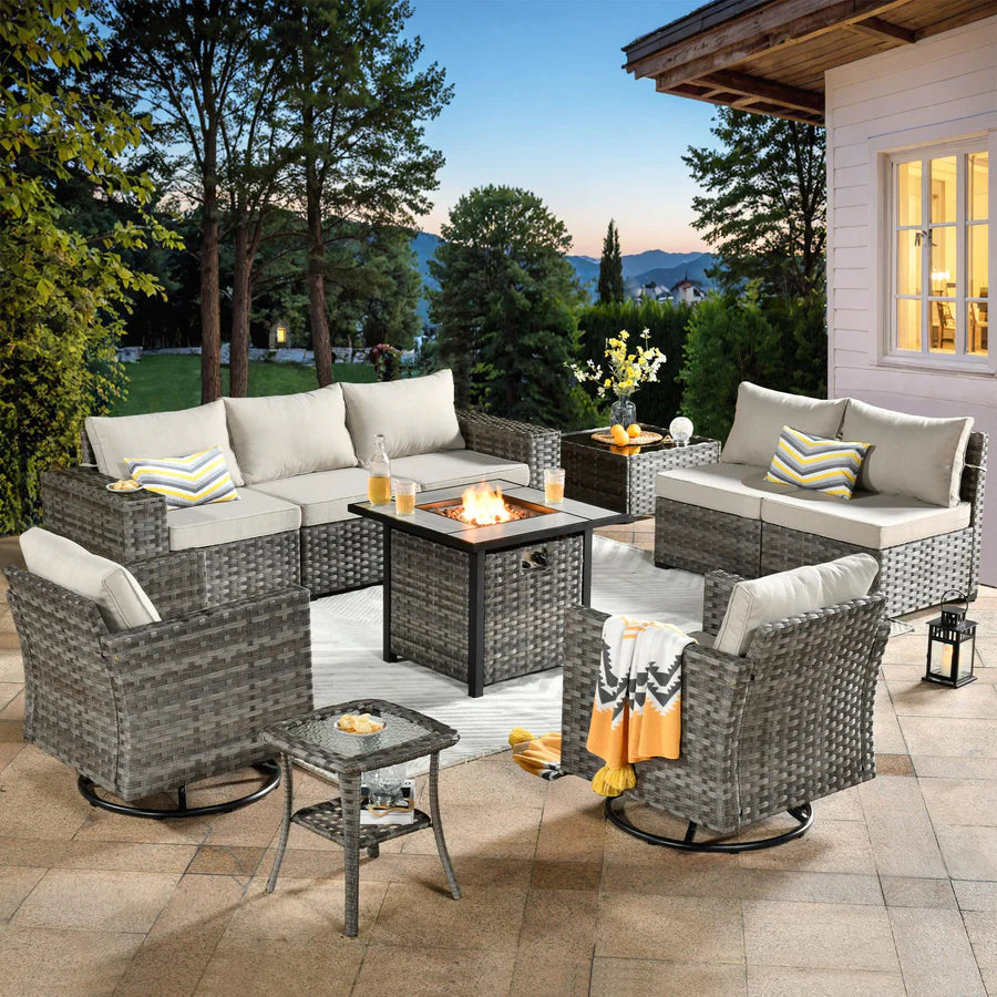 10 Pieces Patio Furniture with 7.68'' Handrails and 30'' Fire Pit Table Rocking Chair