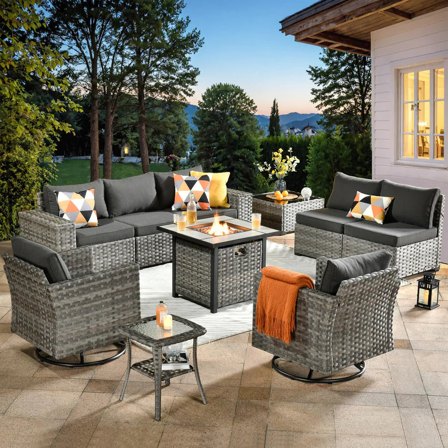 10 Pieces Patio Furniture with 7.68'' Handrails and 30'' Fire Pit Table Rocking Chair