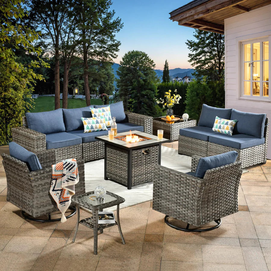 10 Pieces Patio Furniture with 7.68'' Handrails and 30'' Fire Pit Table Rocking Chair