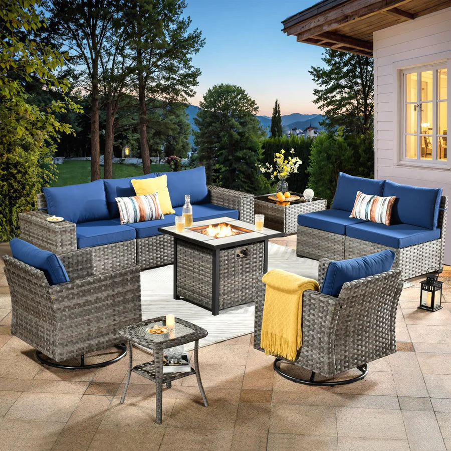 10 Pieces Patio Furniture with 7.68'' Handrails and 30'' Fire Pit Table Rocking Chair