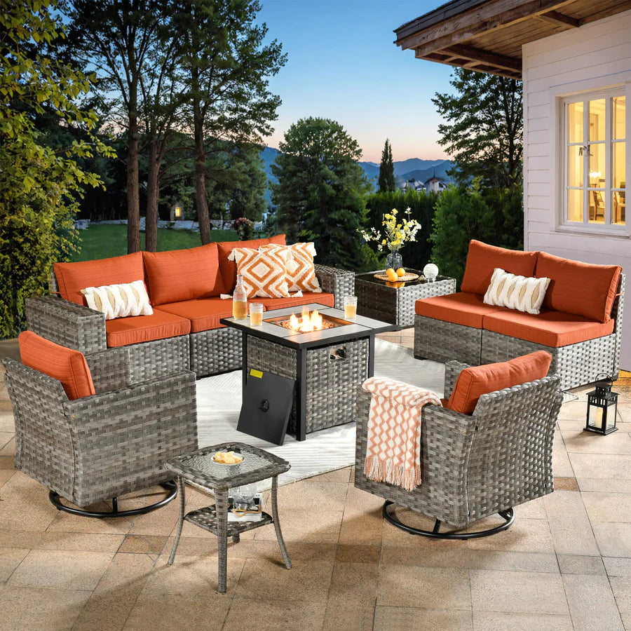 10 Pieces Patio Furniture with 7.68'' Handrails and 30'' Fire Pit Table Rocking Chair