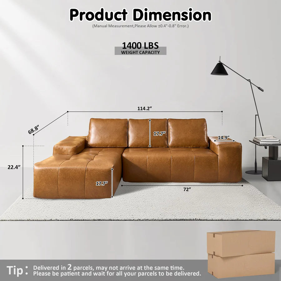 114" Cloud Sectional Sofa - L-Shaped Faux Leather Modular Couch with Deep Seat Chaise