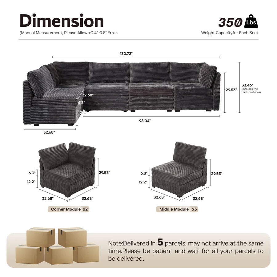 130.7" Modular Sectional Sofa Couch, L-Shaped Minimalist Couches, Modern Deep Seat Cloud Plush Corduroy Sofas Set