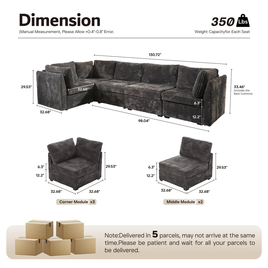 130.7" Modular Sectional Sofa Couch, L-Shaped Minimalist Couches with Convertible Chaise