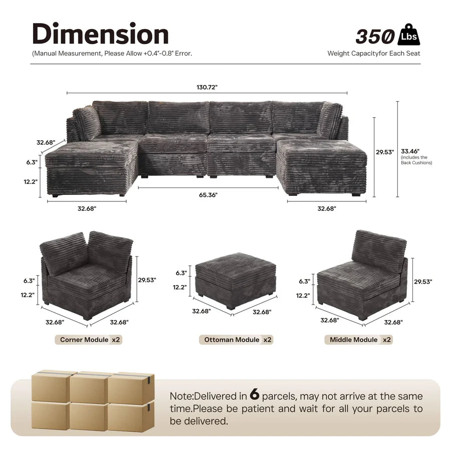 130.7" Modular Sectional Sofa Couch, U-Shaped Minimalist Couches with 2 Ottomans Chaise