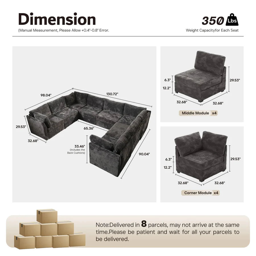 130.7" Modular Sectional Sofa Couch, U-Shaped Minimalist Couches with 2 Oversized Chaise