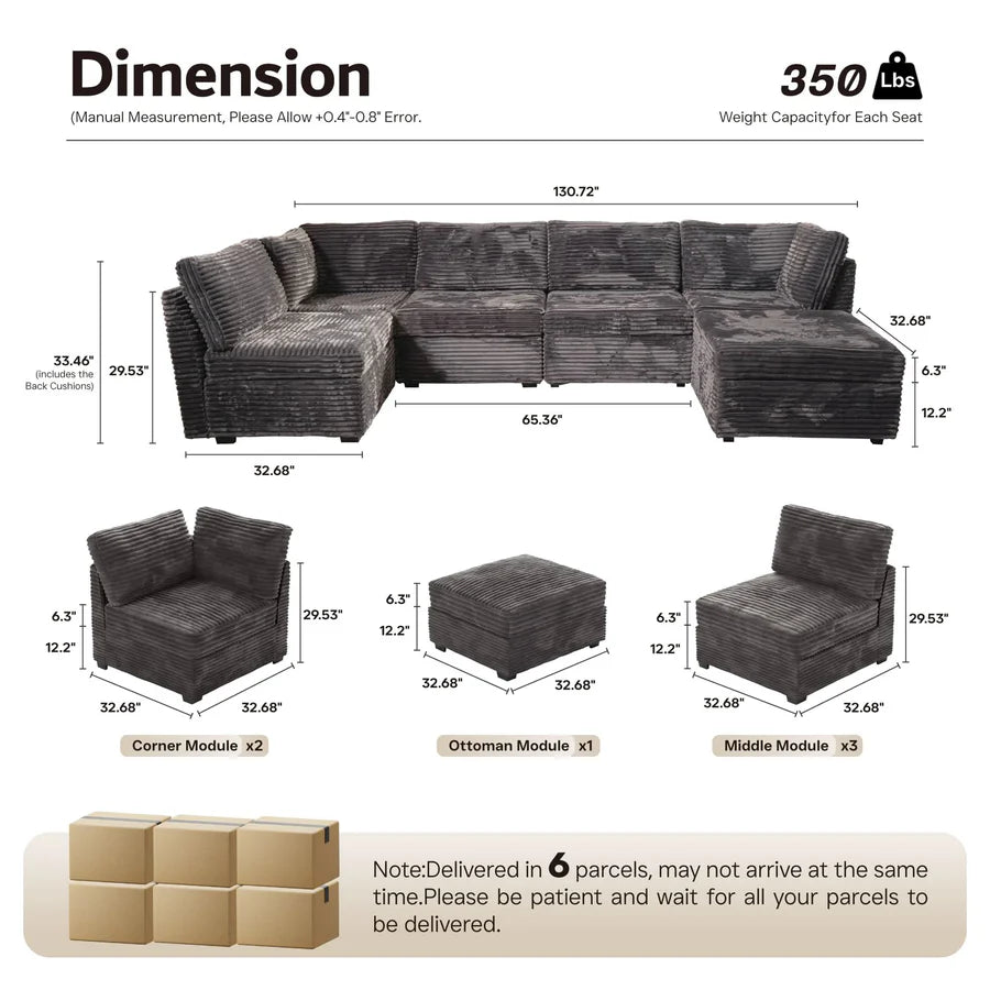 130.7" Modular Sectional Sofa Couch, U-Shaped Minimalist Couches with Sofa Bed Chaise