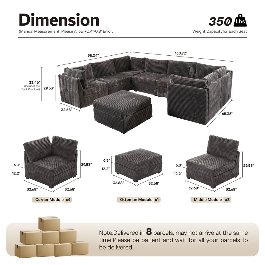 130.7" Modular Sectional Sofa Couch, U-Shaped Minimalist Couches with Sofa Bed Chaise