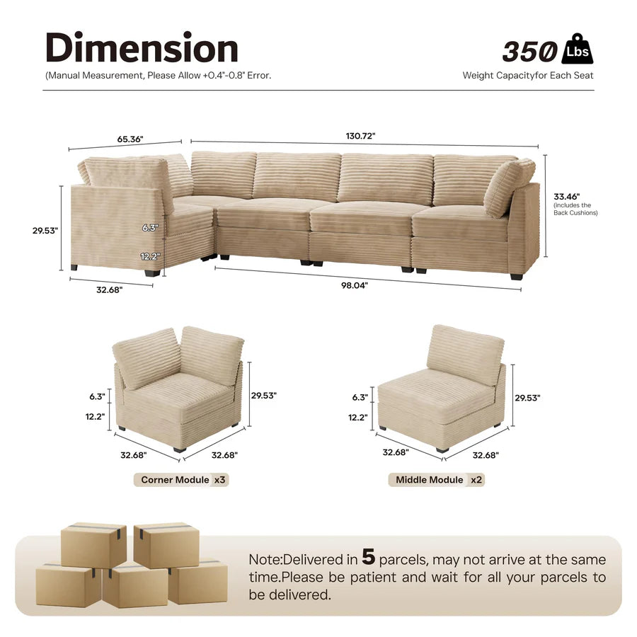 130.7" Modular Sectional Sofa Couch, L-Shaped Minimalist Couches with Convertible Chaise