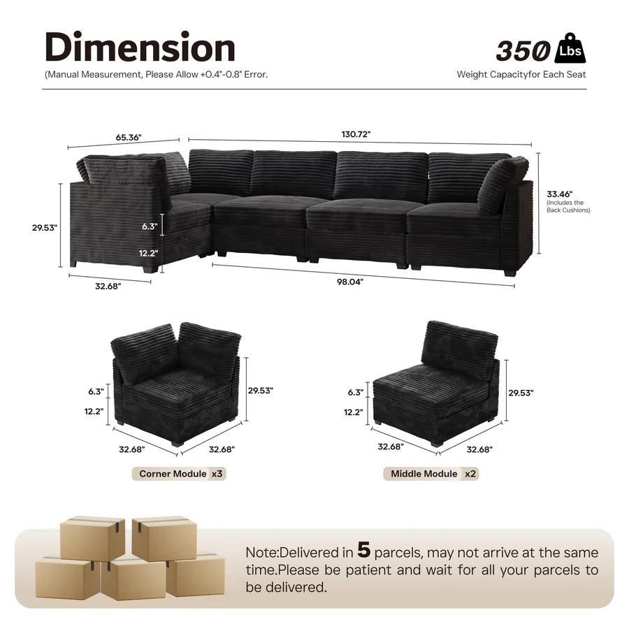 130.7" Modular Sectional Sofa Couch, L-Shaped Minimalist Couches with Convertible Chaise