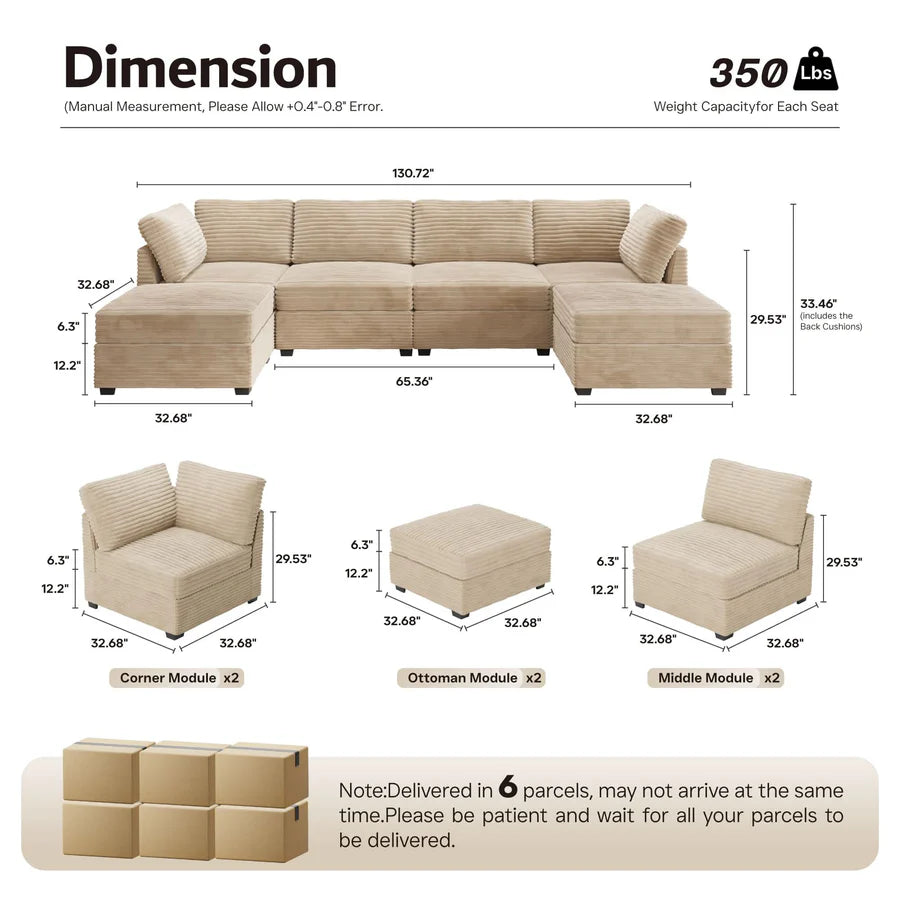 130.7" Modular Sectional Sofa Couch, U-Shaped Minimalist Couches with 2 Ottomans Chaise