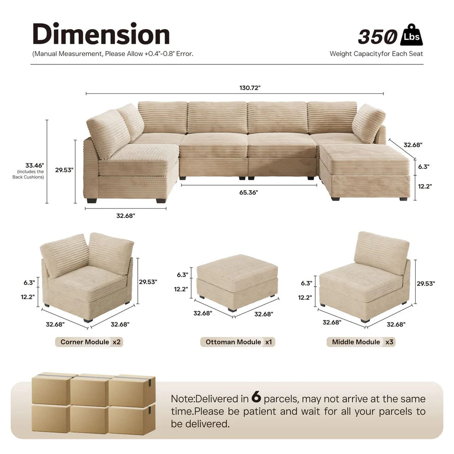 130.7" Modular Sectional Sofa Couch, U-Shaped Minimalist Couches with Sofa Bed Chaise