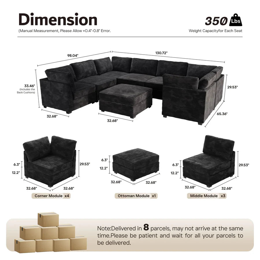 130.7" Modular Sectional Sofa Couch, U-Shaped Minimalist Couches with Sofa Bed Chaise