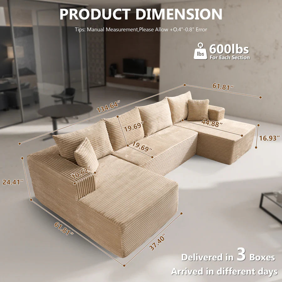 134" U-Shape Modular Couch , Plush Corduroy Fabric, No Assembly Required