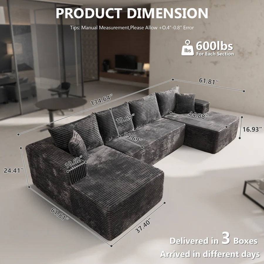 134" U-Shape Modular Couch , Plush Corduroy Fabric, No Assembly Required