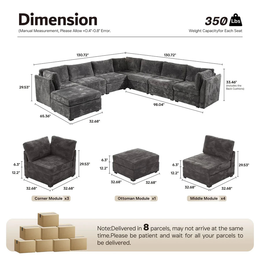 163.4" Modular Sectional Sofa Couch, L-Shaped Minimalist Couches with Ottoman Chaise
