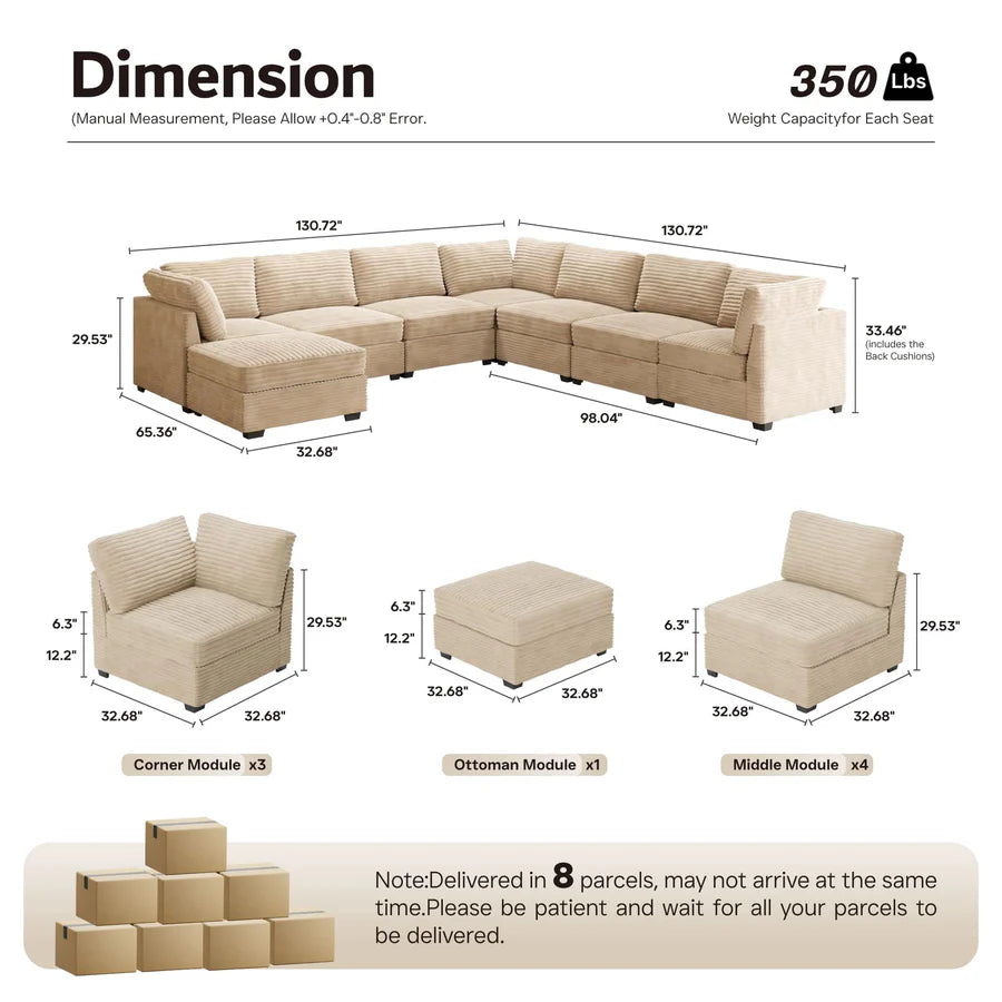163.4" Modular Sectional Sofa Couch, L-Shaped Minimalist Couches with Ottoman Chaise