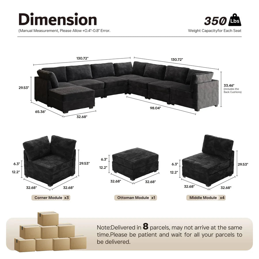 163.4" Modular Sectional Sofa Couch, L-Shaped Minimalist Couches with Ottoman Chaise
