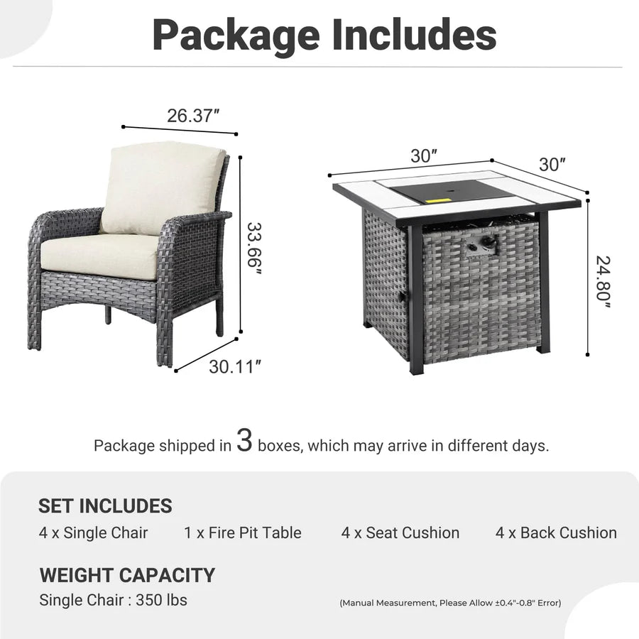 5-Piece Patio Set with Fire Pit Table,All Weather Grey Wicker Chairs & Cushions