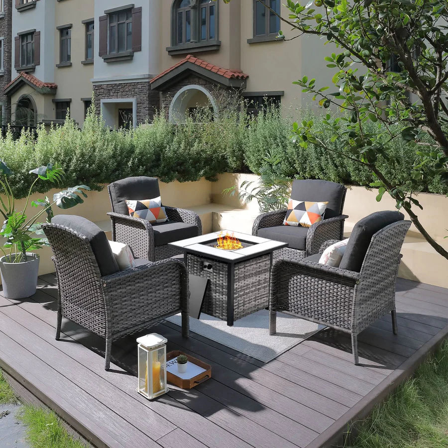 5-Piece Patio Set with Fire Pit Table,All Weather Grey Wicker Chairs & Cushions